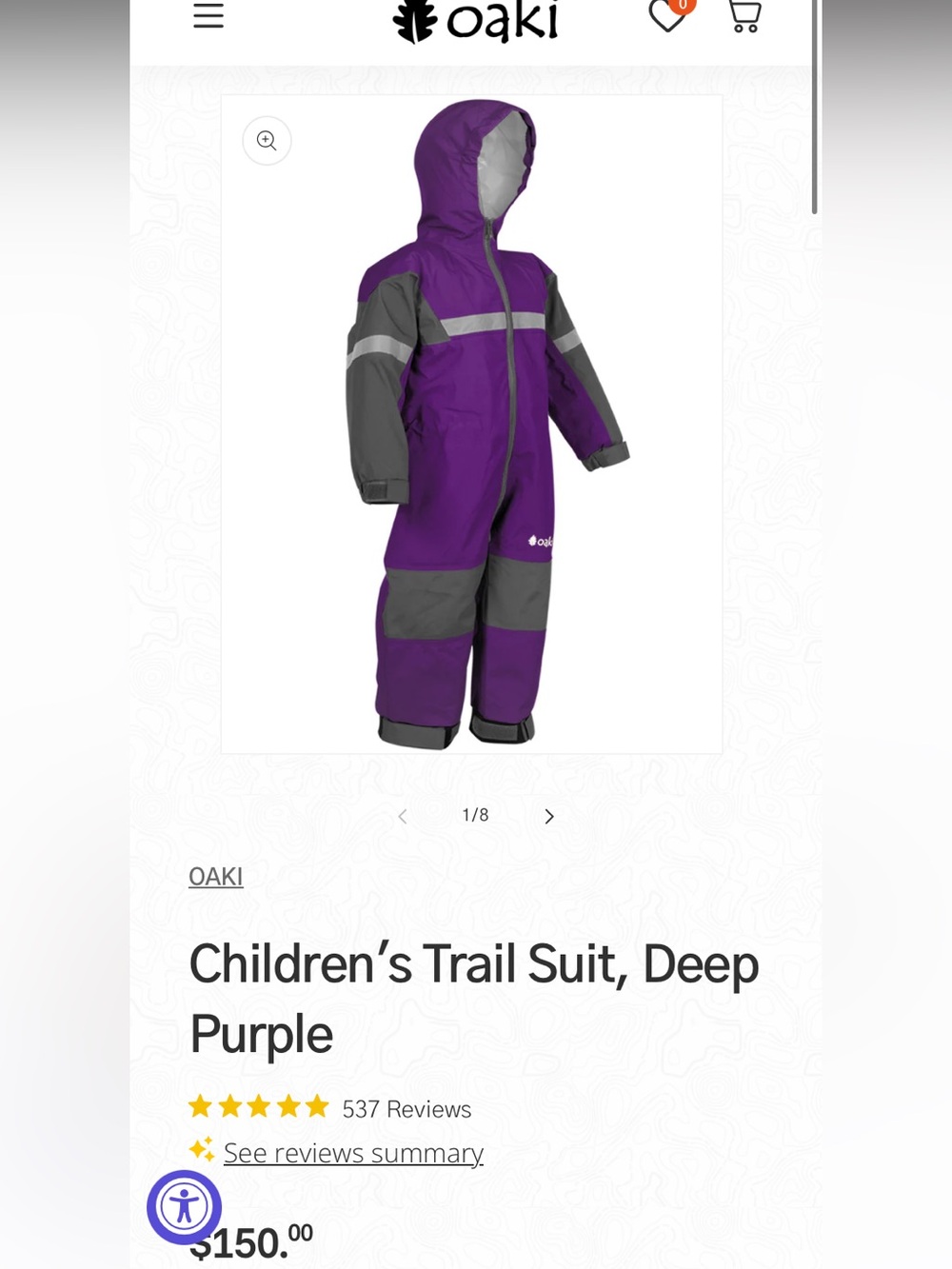 Oaki Oakiwear rain suit one piece purple youth 6/7 outerwear spring girl